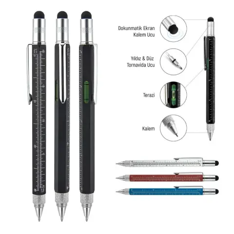 652 Kırmızı Metal Su Terazili - Tornavidalı Touchpen Kalem – Metal Tükenmez - Roller Kalemler